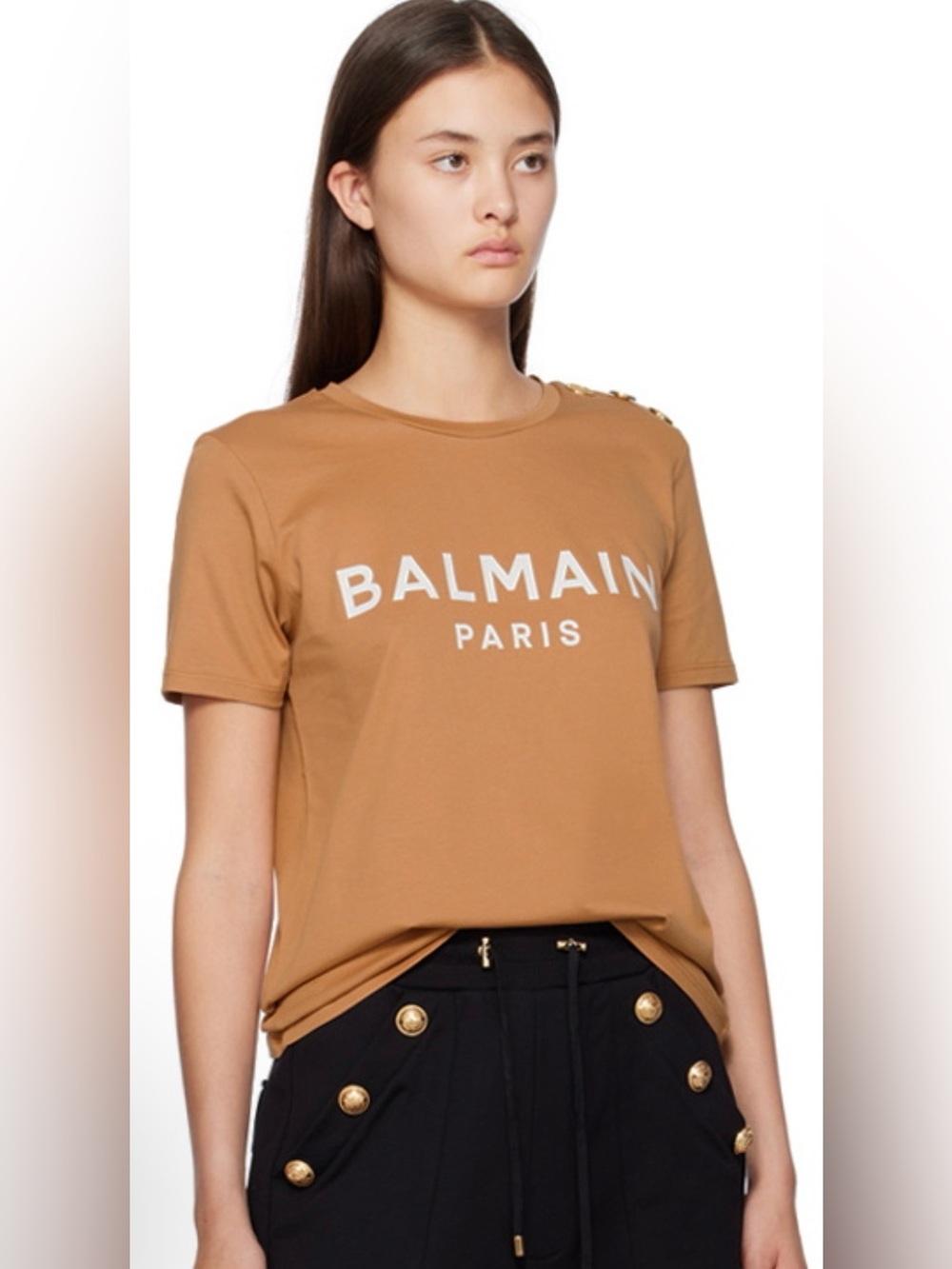 BALMAIN PARIS Tan Button-Embellished Logo T-Shirt / Sz   small